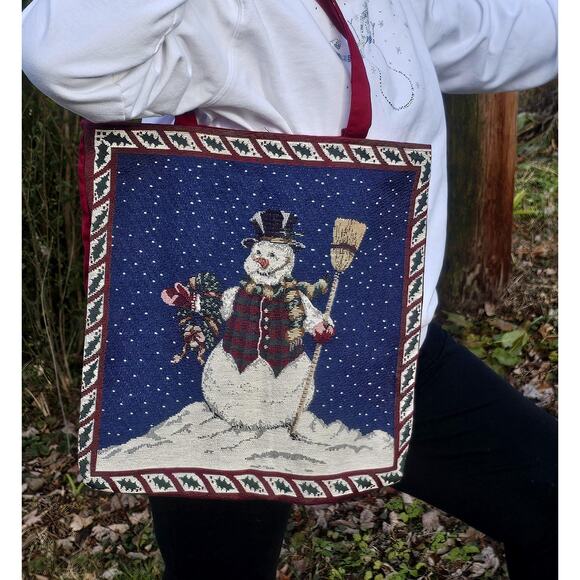 Snowman Tapestry Shoulder Tote Winter Decorative Functional Lined - Picture 4 of 7
